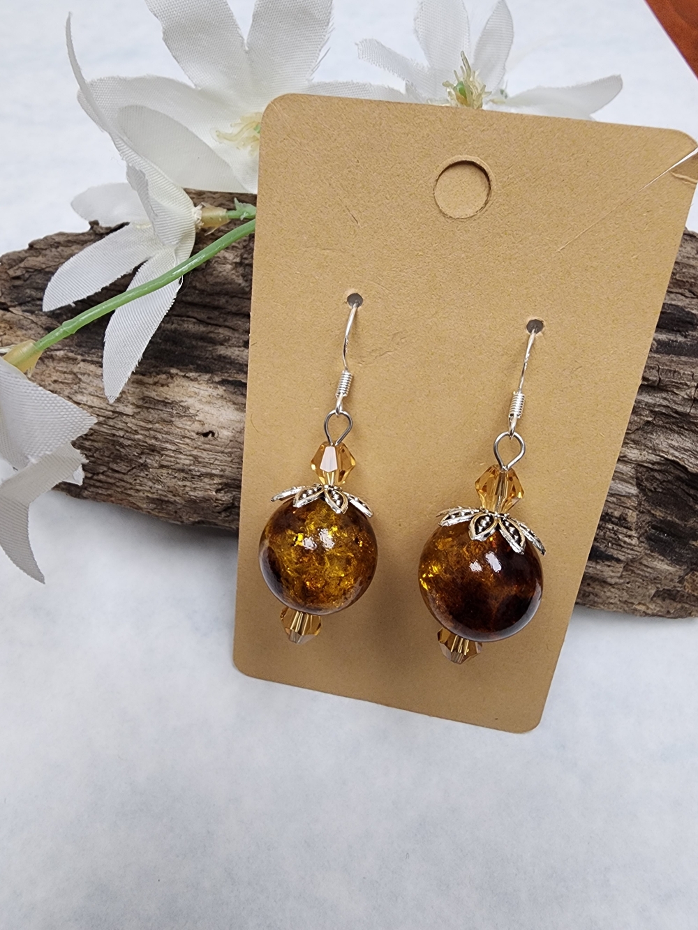 Hand Crafted Amber Brown Animal Print Bead Drop Earrings